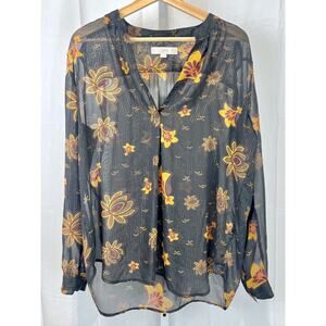 LOFT Sheer Floral Shimmer Stripe Blouse Long Sleeve Popover Top Gray Multi L